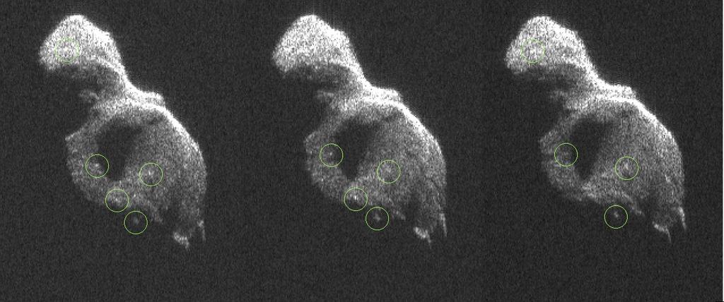 2014 HQ124: Radar Evidence for Boulders 2014 June 8, resolution = 3.75 m x 0.00625 Hz Monthly report for June 2014 Bistatic Goldstone-Arecibo radar images of 2014 HQ124.