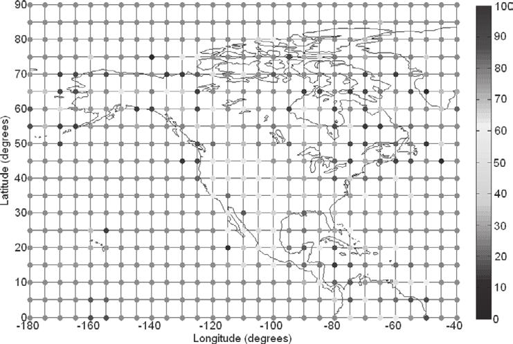 Fig. 13 Average MSL relative humidity for grid nodes, given by UNBw.na and UNB3m, in %. continent.