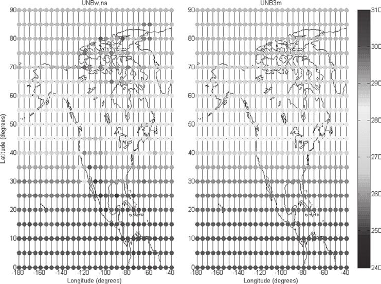 The two grids are practically the same for grid nodes outside continental areas (over seas) because there is not enough data for grid calibration in these regions (see Figure 5), and UNB3m values