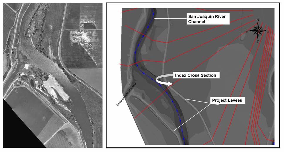 29 upstream reservoirs (larger than 10,000 ac-ft). Figure 6 shows an aerial photo and GIS layout of a portion of the study area. Figure 6. Aerial photo and GIS layout of a northern portion (approximately 1 river mile in length) of the San Joaquin River study area.