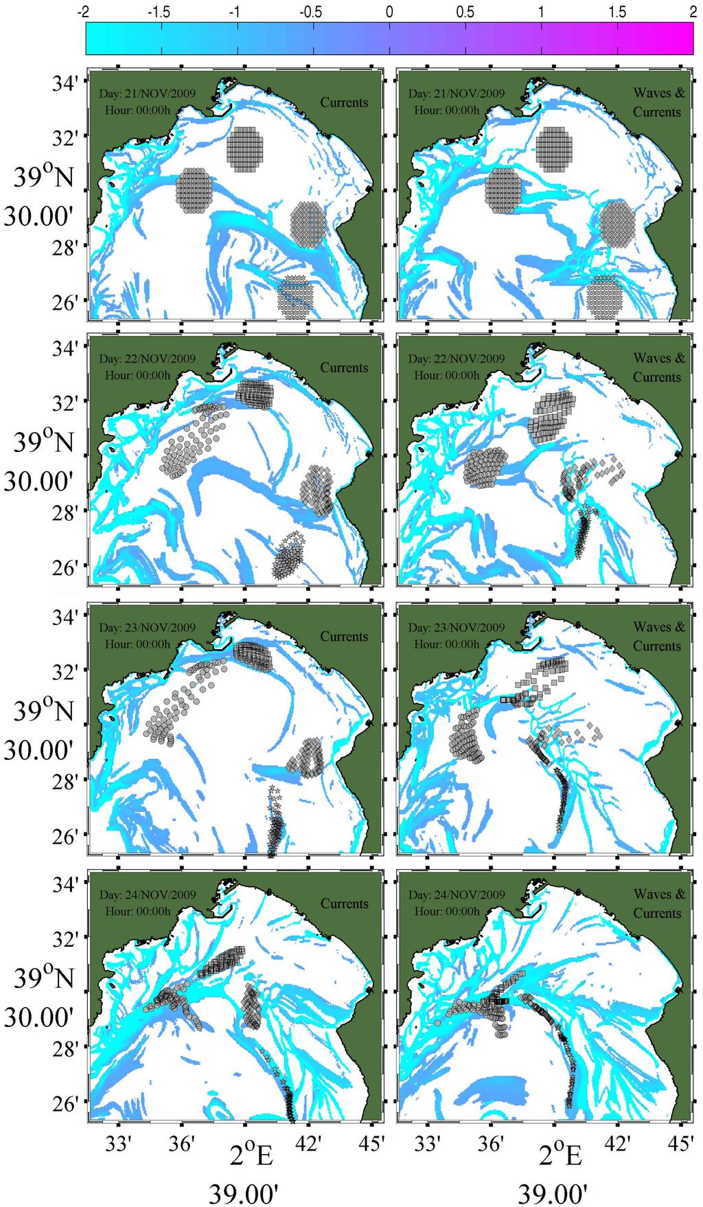 6 COASTAL ENGINEERING 2012 Figure 4: Daily snapshots of FSLEb for a final separation of δ f = 250 m computed by currents (left panel) and with waves and currents (right panel) starting on November 21