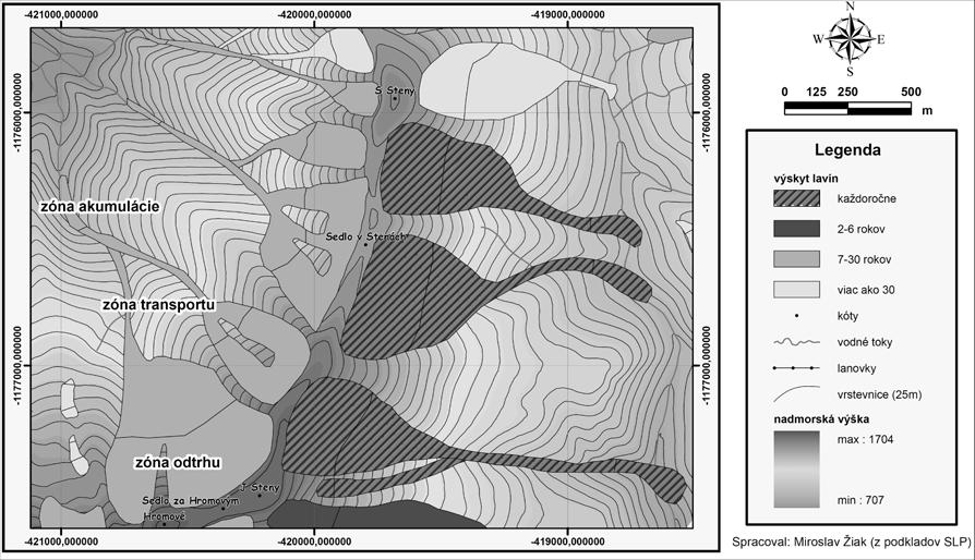 Obr. 2 Lavínové dráhy na podklade digitálneho modelu reliéfu rozdelené do kategórií podľa výskytu lavín a rozčlenené na jednotlivé zóny (na príklade Malej Fatry) záchrannej služby, resp.