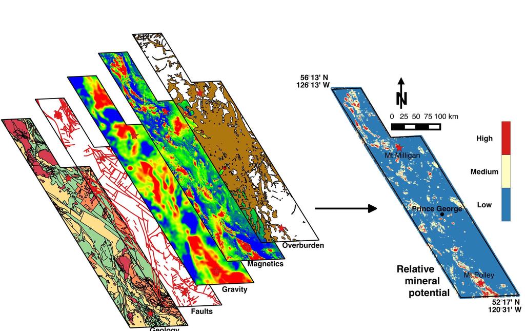 Figure 3: Resource prospectivity mapping combining multiple geoscience datasets into a single output map of resource potential to highlight regions most favourable for future exploration.