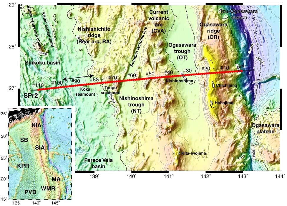 Figure 1. Bathymetry of the SIA around the experimental region. The thick gray line and red circles indicate the locations of the air gun shooting line and OBSs, respectively.
