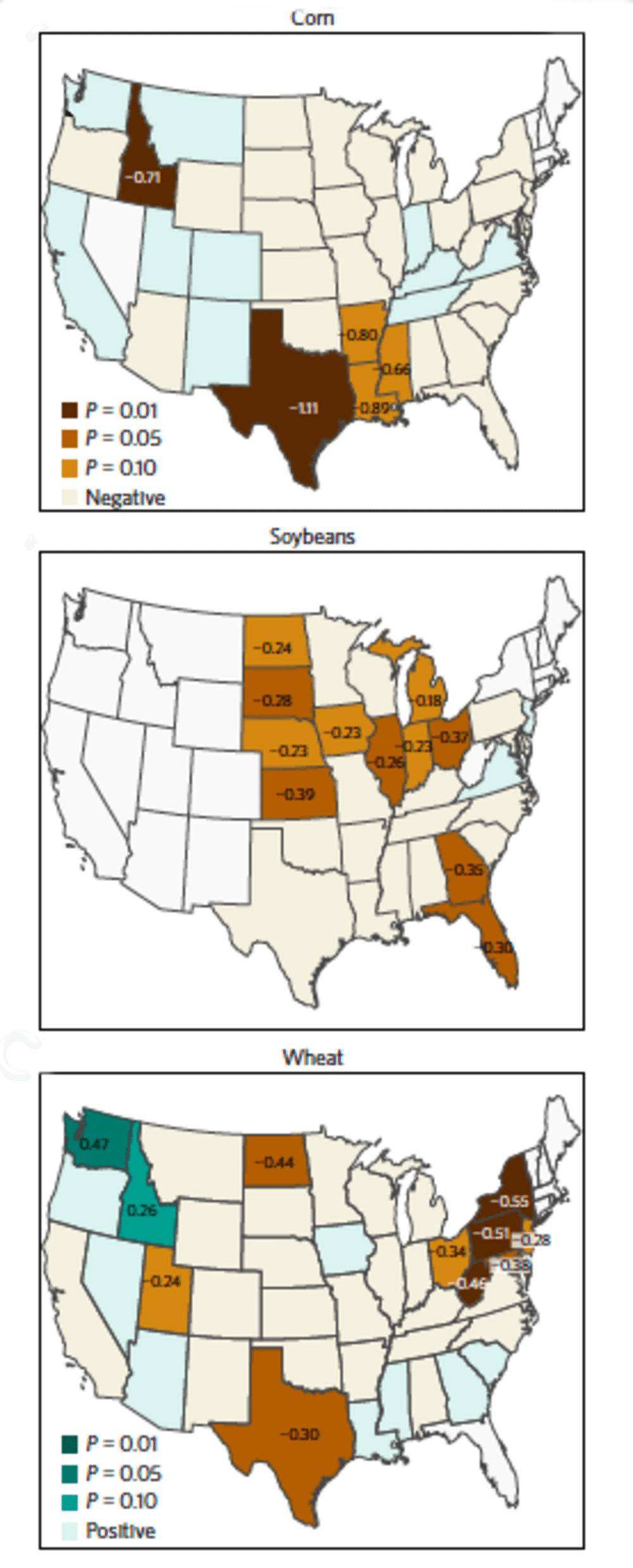 Impacts of Arctic warming on United States crop yields. Light brown and green indicate non-significant states and white means undefined states due to the lack of crop-yield data.