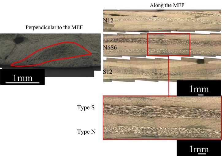 Fig.3 The photographs of the cross section along the MEF and perpendicular to the MEF RESULTS AND DISCUSSION 3-Point Impact Bending Test The absorbed energy was calculated from before and after max
