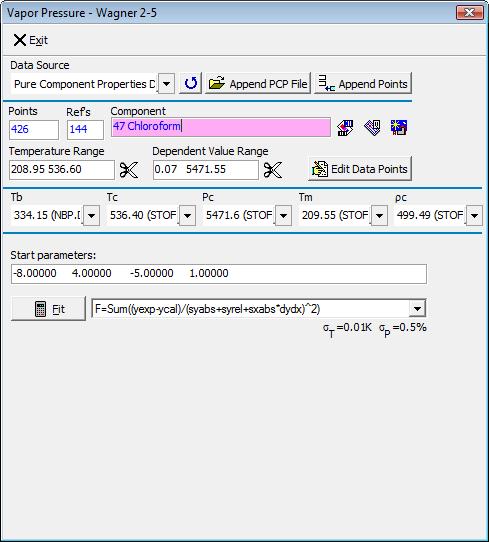 Figure 8 Fit Dialog for Wager 2-5 equation The dialog displays the data source which is in most cases the pure component properties data bank. Other possible sources are 1. Input by hand 2.