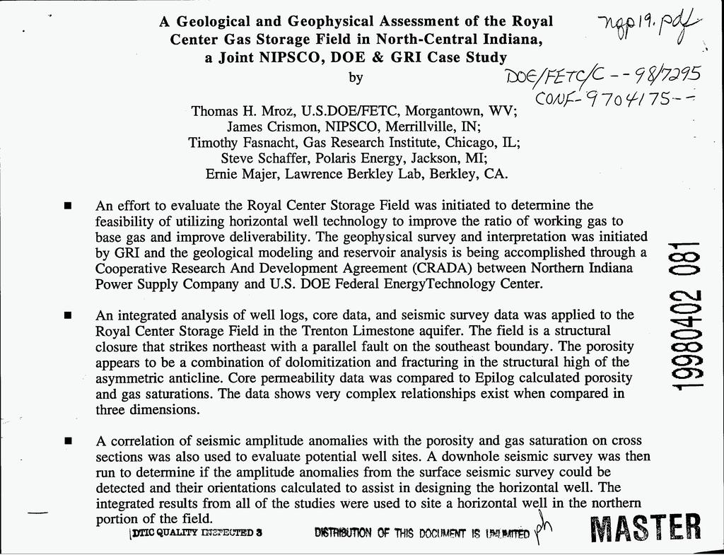 A Geological and Geophysical Assessment of the Royal Center Gas St