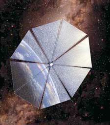 Sail design A solar sail is a spacecraft without an engine, and therefore needs no fuel. It is pushed along by the pressure of photons from the sun hitting the sail.