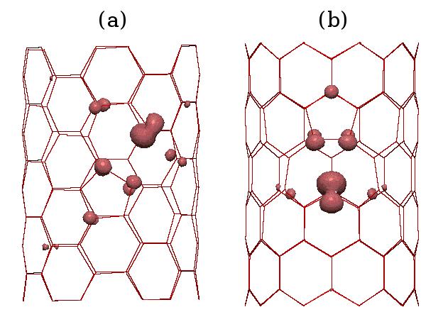 3 FIG. 2: Spin-density isosurfaces for the monovacancy in 8 Å diameter CNTs. (a) (6,6)+1V and (b) (10,0)+1V. The isosurfaces correspond to a charge of 15 e/å 3.