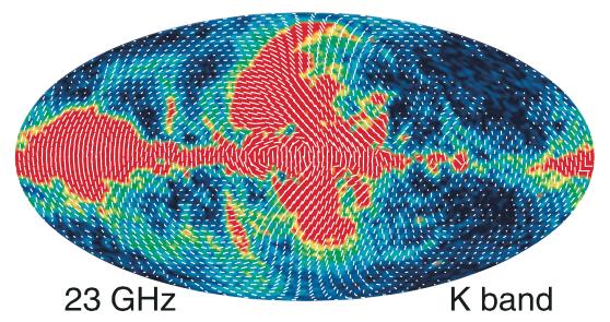 Synchrotron emission P at 23 GHz, WMAP9 P/I at 23 GHz, from Commander/Planck Bennet et al.