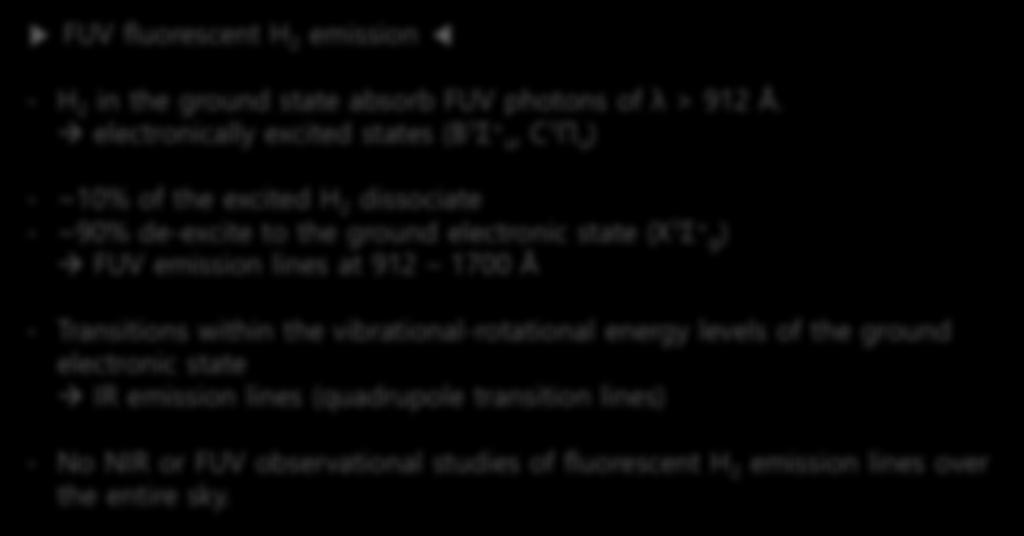 1. Introduction: FUV fluorescent H 2 emission FUV fluorescent H 2 emission - H 2 in the ground state absorb FUV photons of λ > 912 Å.