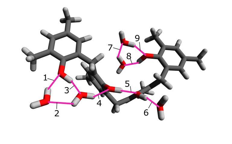 The model of the pentamer phenol-formaldehyde resin: white atoms - H, gray atoms - C, red atoms - O, pink lines - hydrogen bonds. Table 2. The lengths of hydrogen bonds from Fig.2. 1 1.636 2 1.