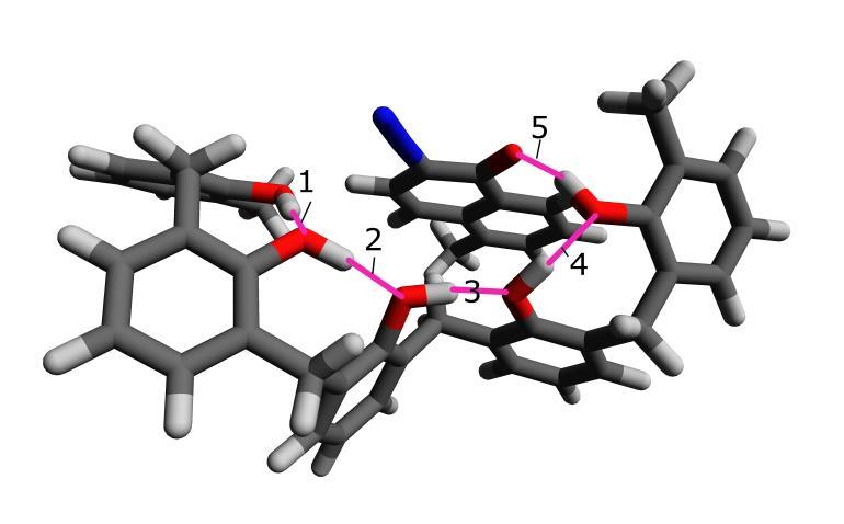 4 of 5 Figure 5. The model of the ortho-naphthoquinondiazide with the phenol-formaldehyde pentamer: white atoms - H, gray atoms - C, red atoms - O, blue atoms - N, pink lines - hydrogen bonds.