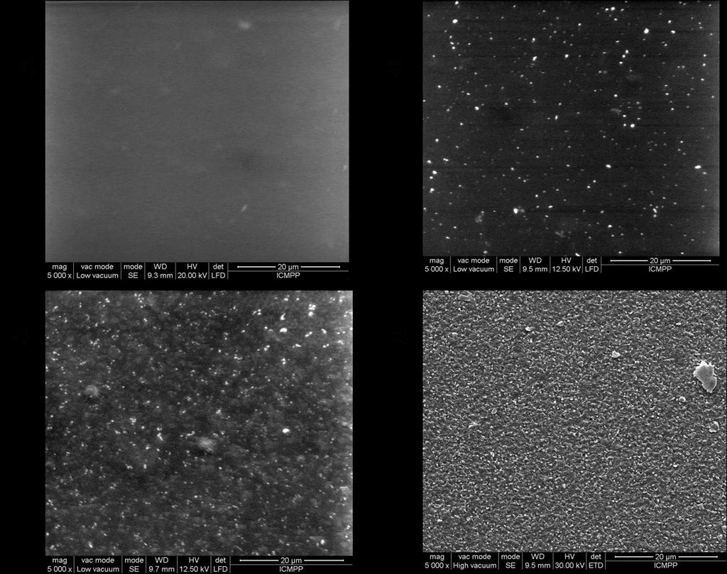 589 Fig. 1. SEM images for: the untreated PET film (a.); PET 2h UV (b.); PET 50 W, 3 min plasma (c.); PET 50 W, 3min plasma and 2h UV (d.). The XPS spectra of the pristine and treated PET samples are shown in Fig.