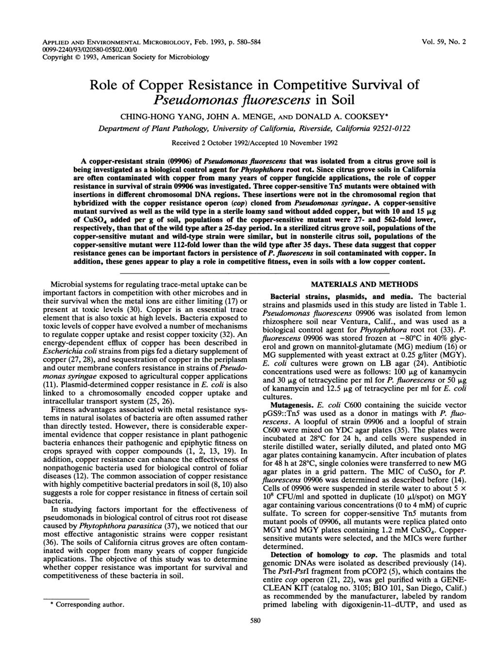 APPLIED AND ENVIRONMENTAL MICROBIOLOGY, Feb. 1993, p. 580-584 0099-2240/93/020580-05$02.00/0 Copyright D 1993, American Society for Microbiology Vol. 59, No.