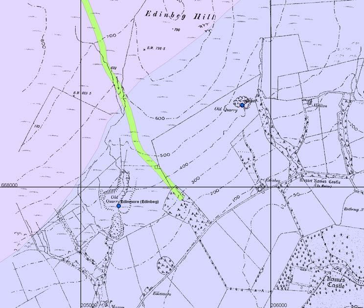 (blue dot), likely to represent the earliest slate workings on Bute. Basaltic dyke intrusion shown in green. Grid squares are 1km. Fig. 14.