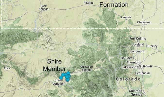 Formation (red, Bighorn Basin, WY), Ferris Formation (yellow, Hanna Basin, WY), and Shire Member of the Wasatch