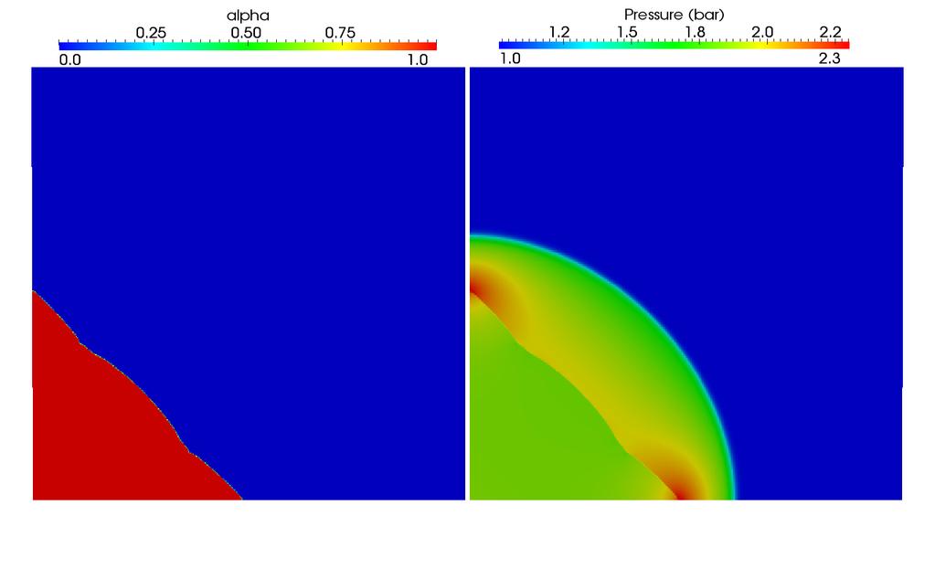 D computation of D cylindrical combustion 400 400 Cartesian grid. UDCS method. Computed normal (top) v.s. analytical normal (bottom)..4. p(bar).6.4 ρ(si).8.6.4. Reference x-axis diag 0 0. 0.4 0.6 0.