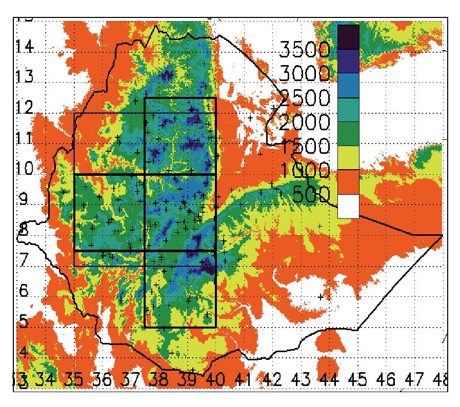 Validation region and data Validation of Rainfall Products - 120 Stations used - Gauge data gridded using Climate Aided Interpolation - Kriging for interpolating the means 22 35 39 Elevation [meters]
