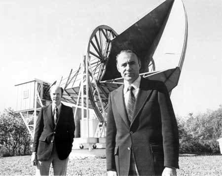 Bell Labs work on early communication satellites 1964: Arno Penzias and Robert Wilson experimenting with