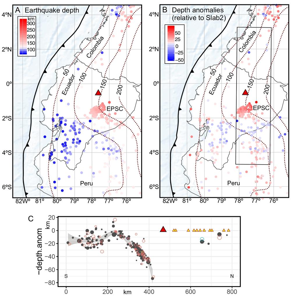 Figure DR1. A. Depth of ISC-EHB earthquakes (for events 70 340 km). B. Map highlighting areas where ISC-EHB hypocentres are deeper (red) and shallower (blue) than the Slab2 model (Hayes, 2018).