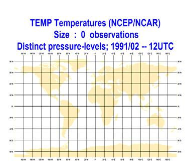 TEMP Temperatures Distinct pressure levels 1989-93 at 12UTC Yearly pressure-levels (10**6) 10 8 6 4 2 0 1989 1990 1991 1992 1993 ECMWF NCEP/NCAR Both E+N Others Oops!