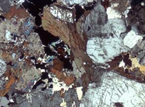 67. (b) Orthopyroxene interstitial to ioclase and containing anhedral inclusions of ioclase, sample MO 19.