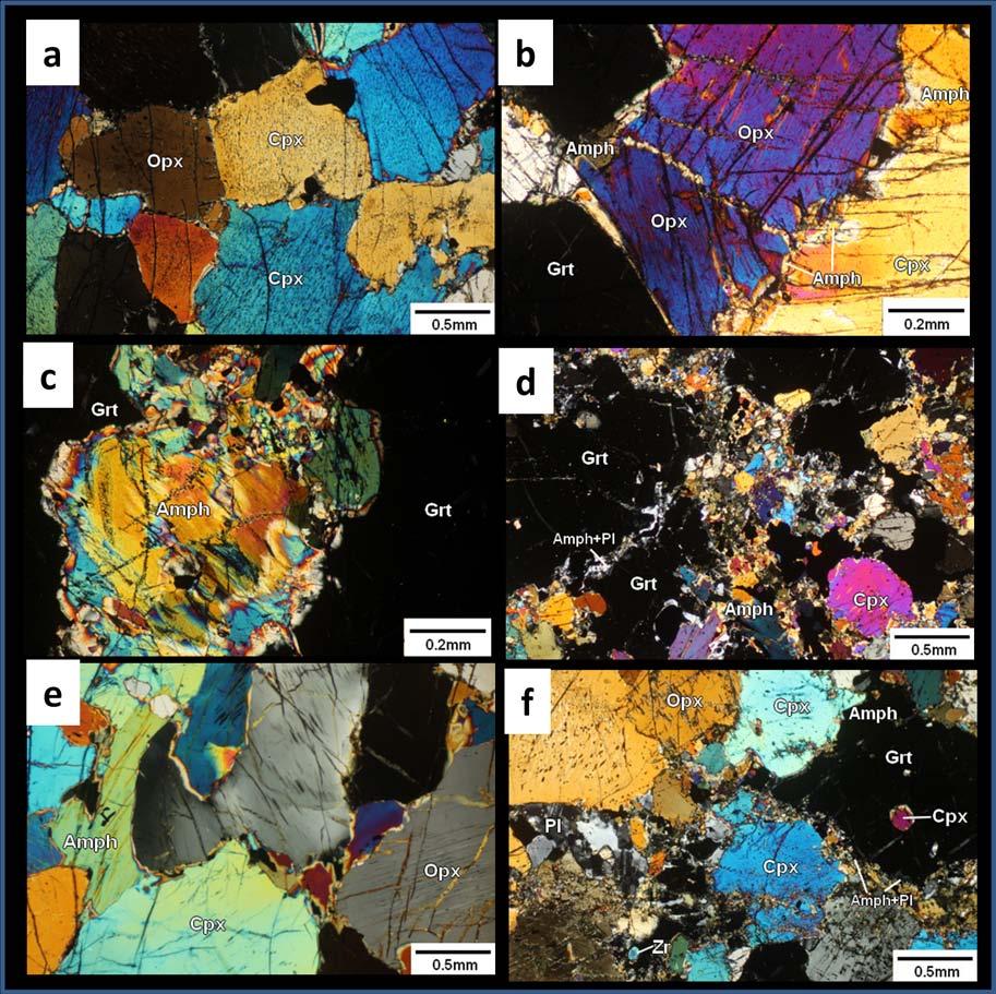 Fig. 4.5 Photomicrographs from ultramafic rock (a-c) and metagabbro (d-e): (a) Subhedral orthopyroxene and idioblastic garnet are with reaction rims.