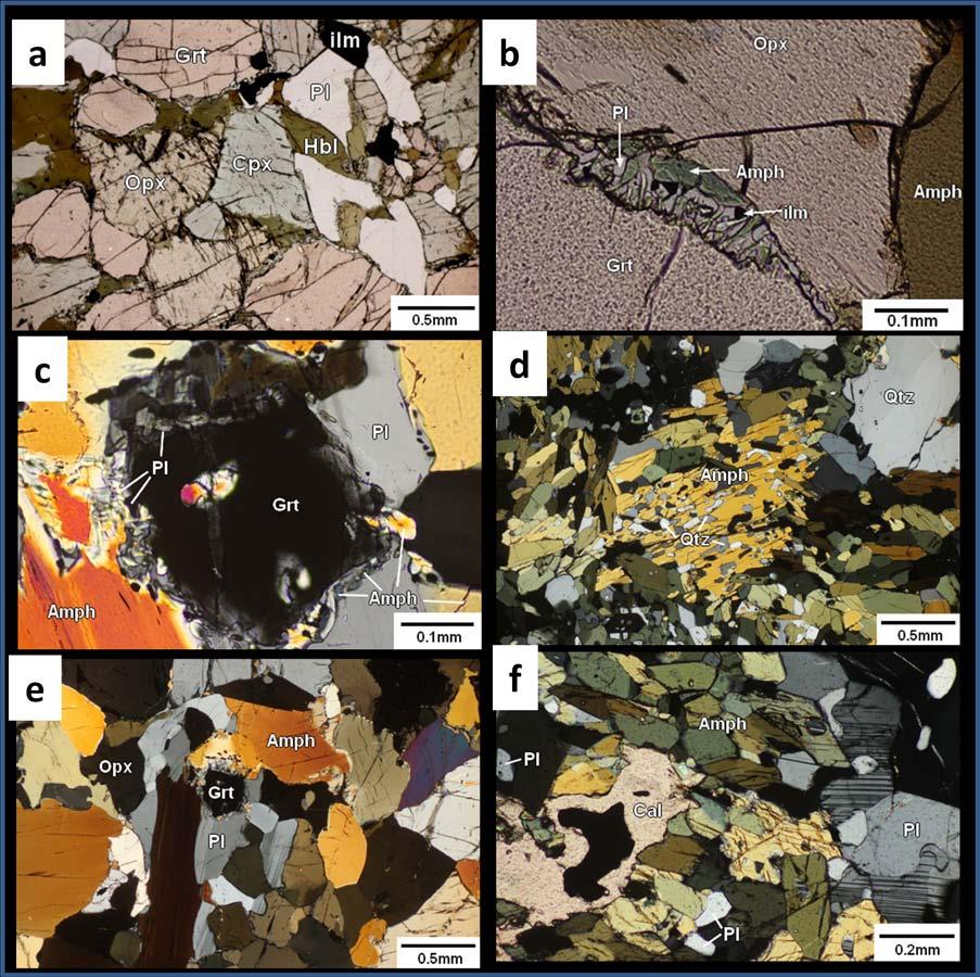 Fig. 4.7 Photomicrographs from metagabbro (a-e) and amphibolites (f): (a) Medium-grained subidioblastic garnet, clinopyroxene and orthopyroxene are seen with secondary hornblende and plagioclase.