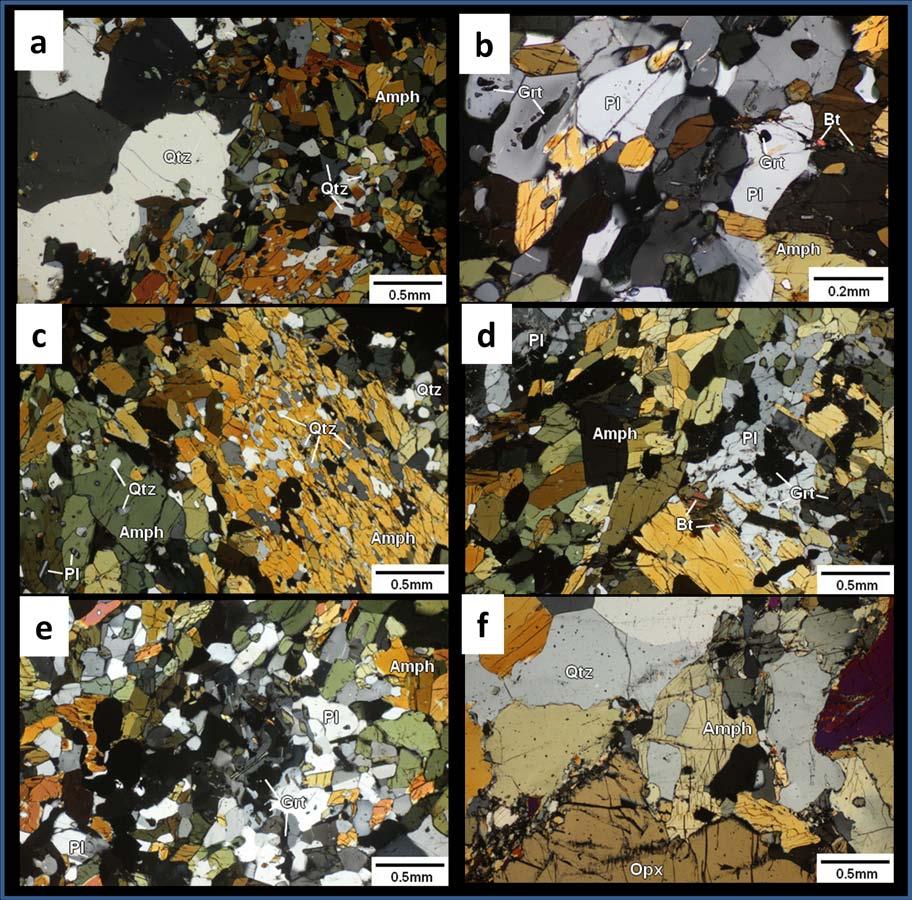 Fig. 4.8 Photomicrographs from amphibolite: (a) Quartz is idioblastic to xenoblastic formed within the amphibole. (b) Fine grainded calcite inclusions are formed within the amphiboles.