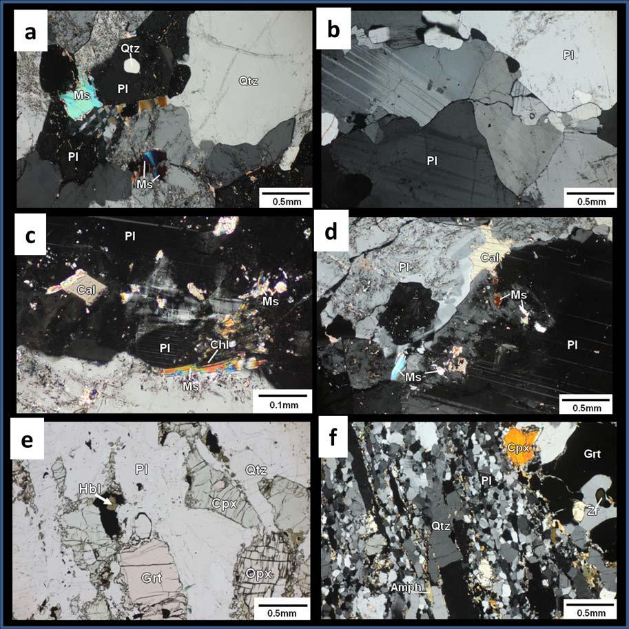 Fig. 4.13 Photomicrographs from plagiogranites (a-d) and quartzo-feldspathic gneiss (e, f): (a) Biotite and muscovite are present along the grain boundary. (b) Plagiogranite shows granular texture.
