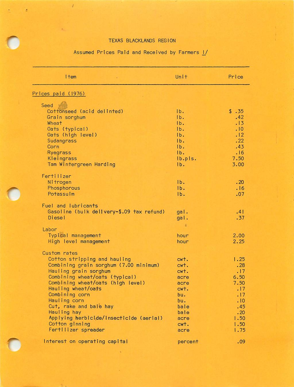 TEXAS BLACKLANDS REGION Assumed Prices Paid and Received by Farmers \J Item Unit Price Prices paid (1976) Seed Cottonseed (acid delinted) Grain sorghum Wheat O a t s ( t y p i c a l ) O a t s ( h i g
