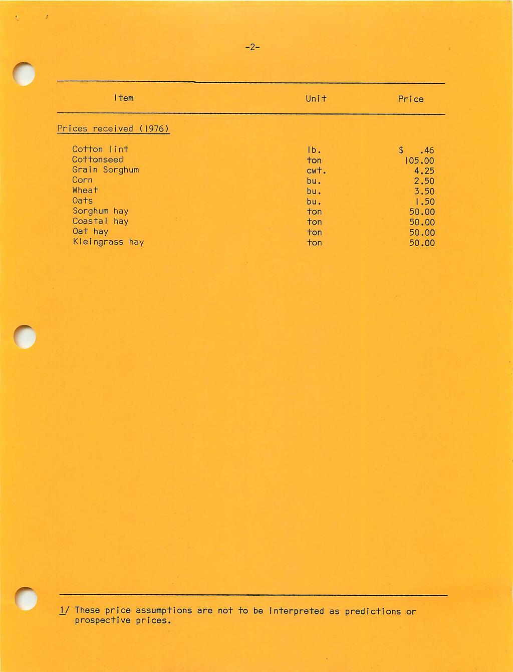 r -2- I tern Unit Price Prices received (1976) Cotton Ii nt Cottonseed Grain Sorghum Corn Wheat Oats Sorghum hay CoastaI hay Oat hay Kleingrass hay ton bu.
