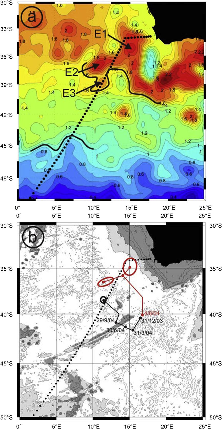 S. Gladyshev et al. / Deep-Sea Research I 55 (28) 1284 133 1293 Fig. 6. (a) Sea surface height (SSH) field at the time of the cruise, showing eddies E1, E2 and E3.