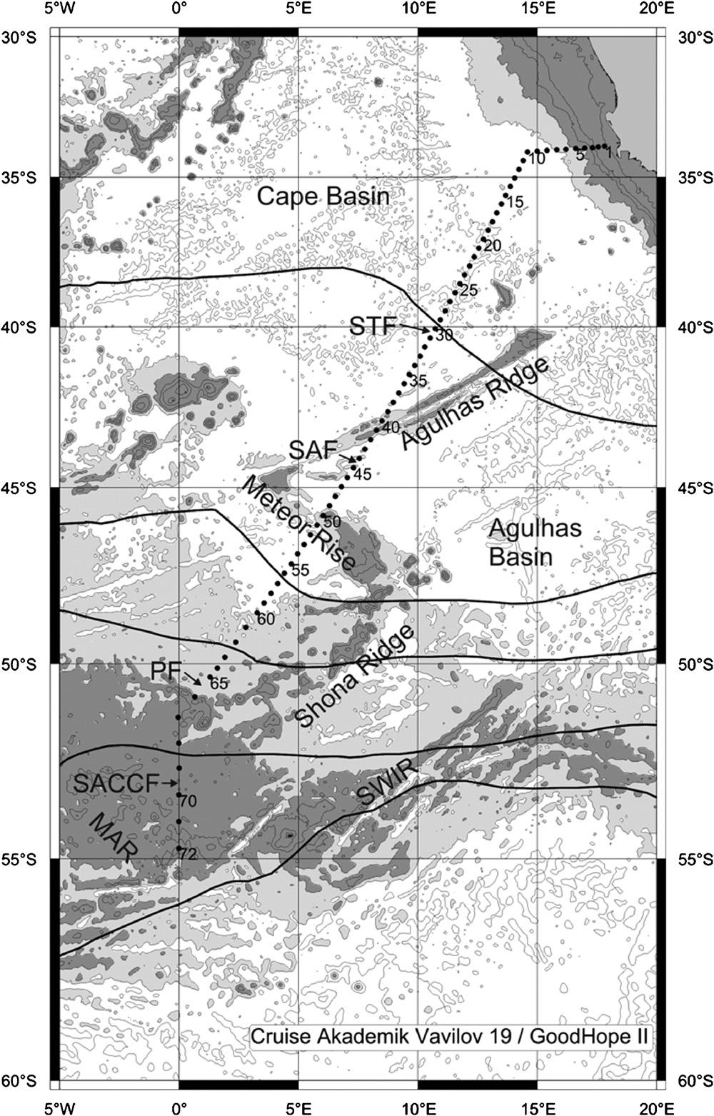 1286 S. Gladyshev et al. / Deep-Sea Research I 55 (28) 1284 133 Fig. 1. Map showing the ASV-19 cruise track, station numbers, bathymetry (isobaths 2 m and multiples of 1 m), and the ACC fronts.