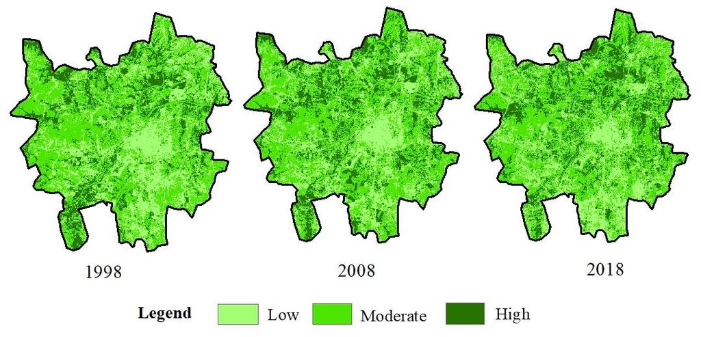 Figure-2: NDVI map of different Land Use classes in Pune City for 1998, 2008 and 2018 Table-2: Area Statistics of Different Vegetation Density computed using NDVI images of different years 1998 2008