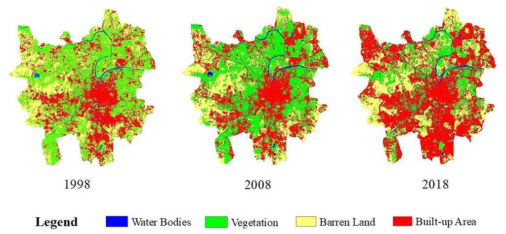 Figure 3-: Land use / Land Cover Maps of Pune City : 1998, 2008, 2018 Table-3: Area under Land Use Classes (%) Changes (%) obtained from the supervised classification of Landsat data for different