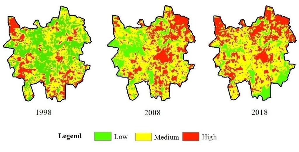 Figure-4: Land Surface Temperature of Pune City: 1998, 2008, 2018 The LST of other land use classes like Vegetation, water bodies and barren lands were very less as compared to comparatively built-up