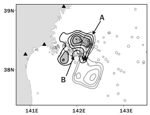 Figure 5. Map view of the fault slip and aftershock distribution for 1 month following the 1978 Miyagi-oki earthquake.