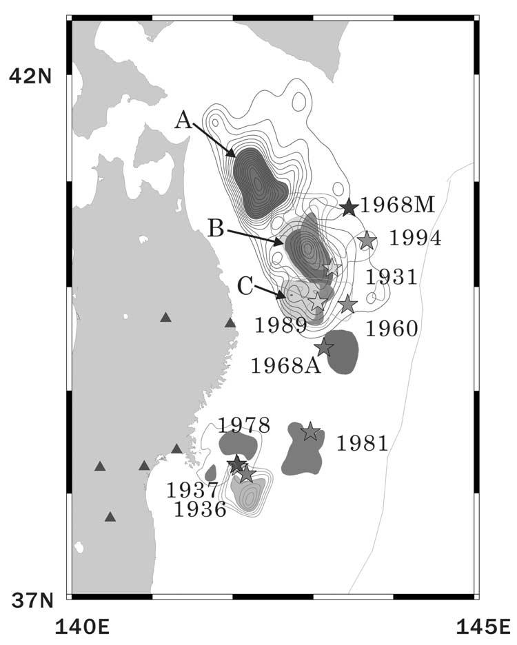 Figure 6. Asperity map along the subduction zone in northeastern Japan. Stars show the main shock epicenters. Contour lines show the moment release distribution.