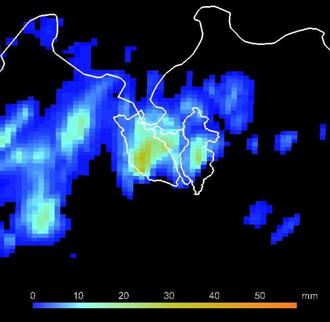 Spatial comparison of the target rainfall: observed vs forecasted Observed precipitation Observed Cumulated rainfall: 43 mm 1 km