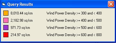 Estimating Potential from Query Results Wind Resource Utility Scale Wind Power [W/m 2 ] Wind Speed [m/s] Total Area [km 2 ] Total Installed Capacity [MW] Moderate 300-400 6.4-7.