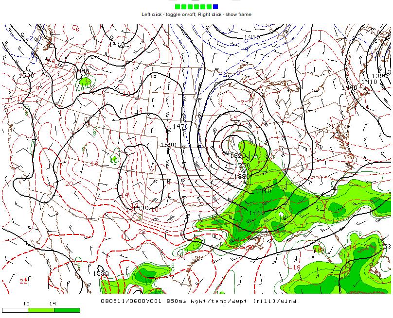 850 hpa heights and dew points (shaded).