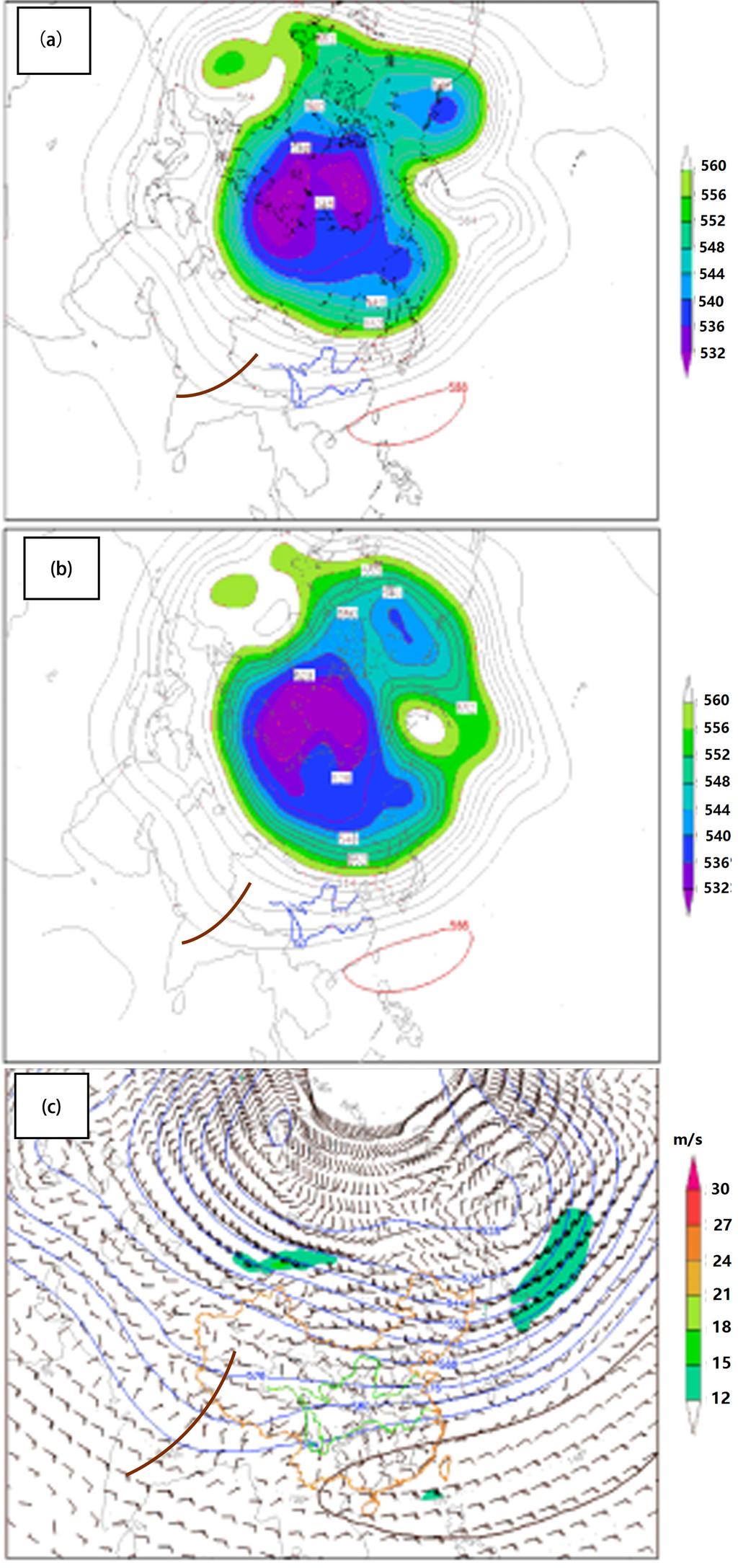 tion (Figure 3(c)), it can be seen that the polar vortex is located more northerly, the westerly frontal zone is located near the Okhotsk Sea, and the meridian and location of the India-Burma trough