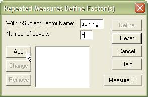 . At the dialog box below, type training as within-subject factor name.
