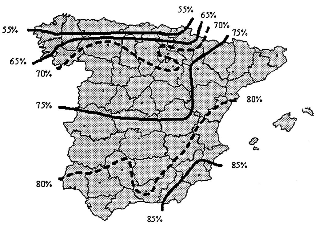 DRY SPELLS IN SPAIN 541 Figure 2. Percentages of the dry days with the 0.