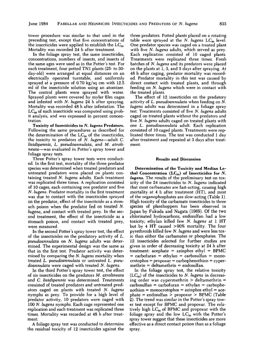 June 1984 FA BELLAR AND HEINRICHS: INSECTICIDES AND PREDATORS OF N.
