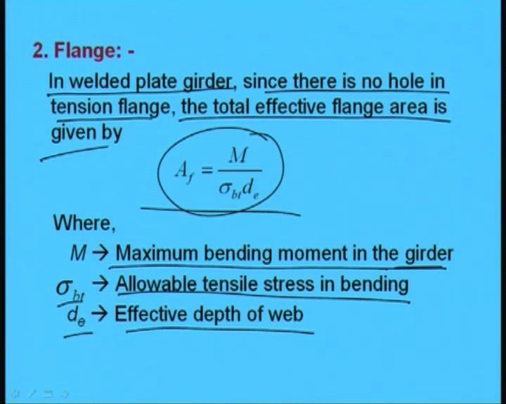 (Refer Slide Time: 28:16) Now, we will go for the flange. In welded plate girder since there is no hole in tension flange the total effective flange area will be given by this.