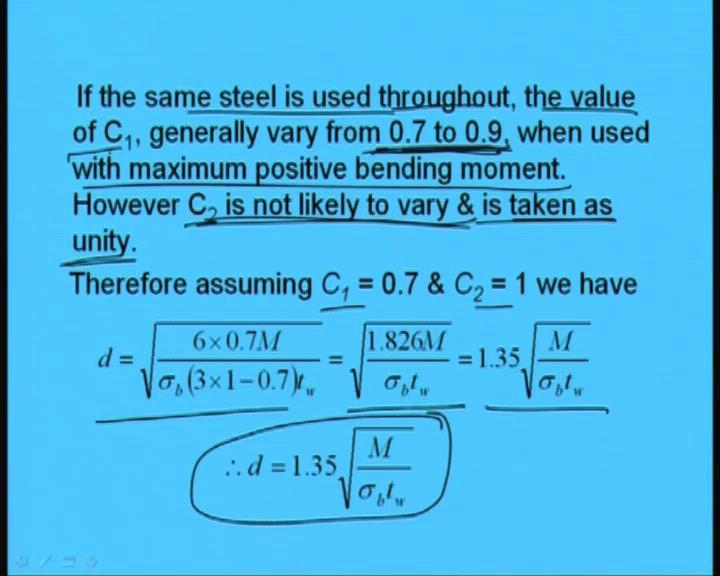 (Refer Slide Time: 33:58) So, in general if you see if the same steel is used throughout the value of C 1 generally varies from point 7 to 0.9.